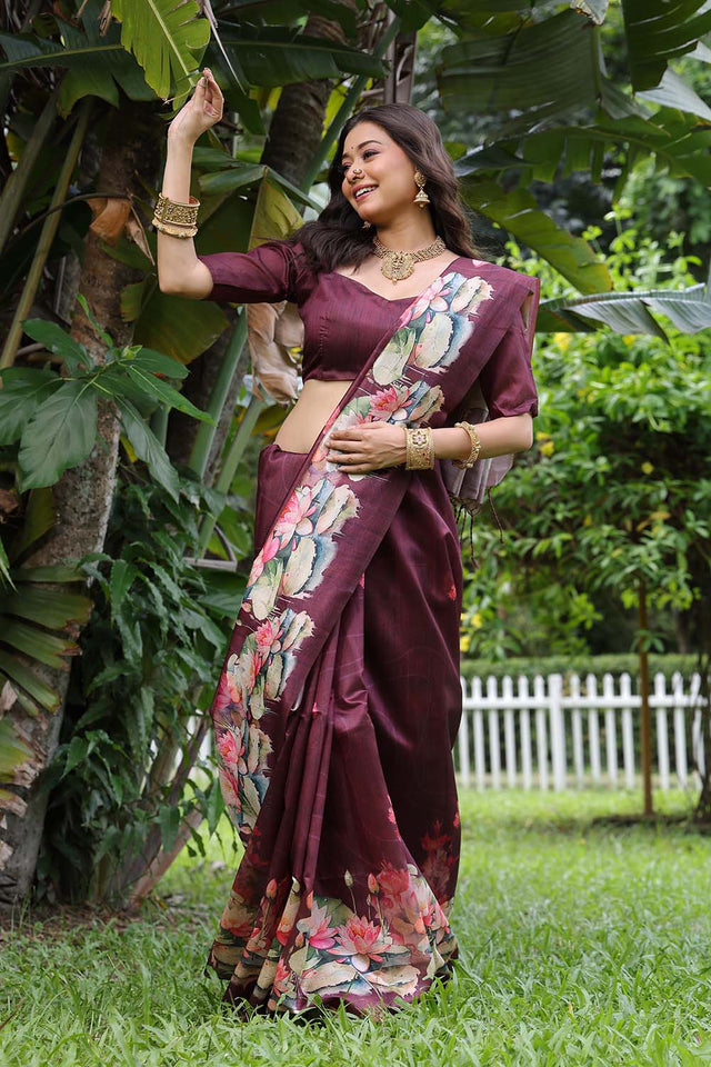 Wine Floral Printed Silk Saree