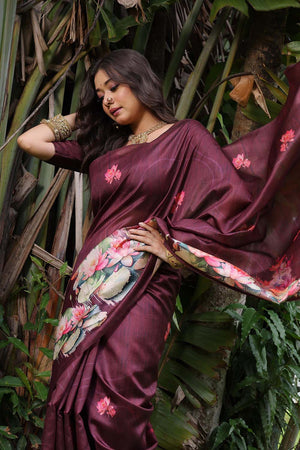 Wine Floral Printed Silk Saree