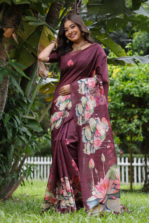 Wine Floral Printed Silk Saree