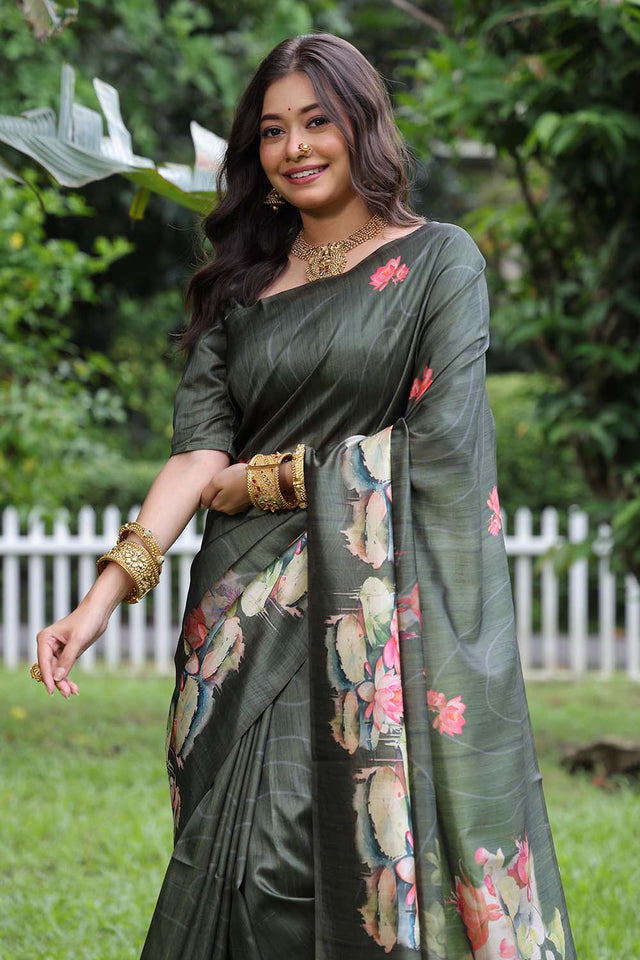 Grey Floral Printed Silk Saree