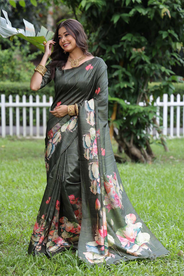 Grey Floral Printed Silk Saree