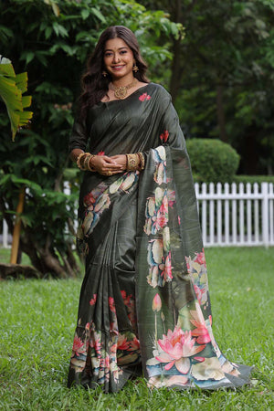 Grey Floral Printed Silk Saree