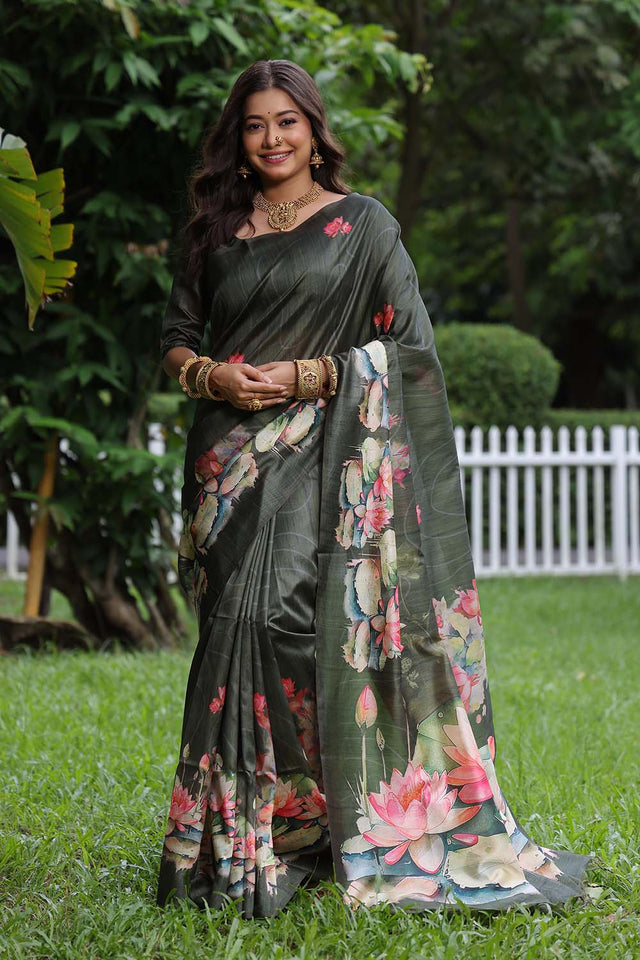Grey Floral Printed Silk Saree