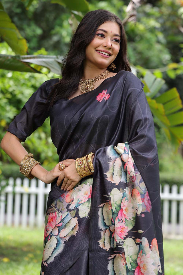 Blue Floral Printed Silk Saree