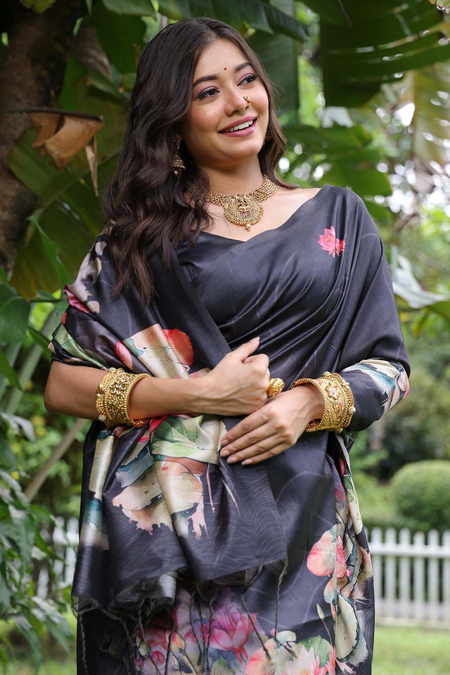 Blue Floral Printed Silk Saree