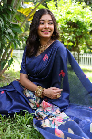 Blue Floral Printed Silk Saree