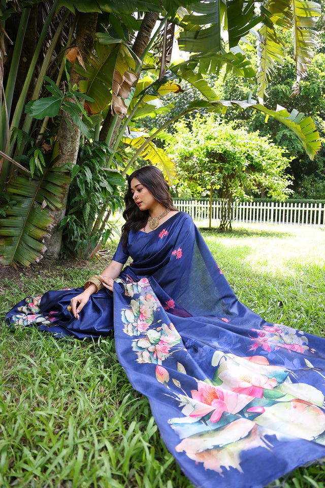 Blue Floral Printed Silk Saree