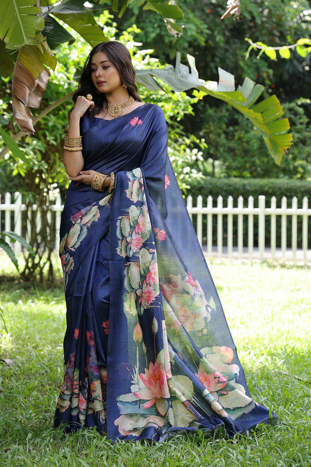 Blue Floral Printed Silk Saree