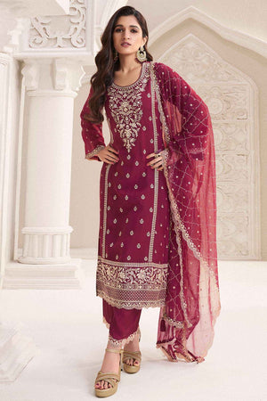 Red Floral Printed Embroidered Chiffon Palazzo Suit Set