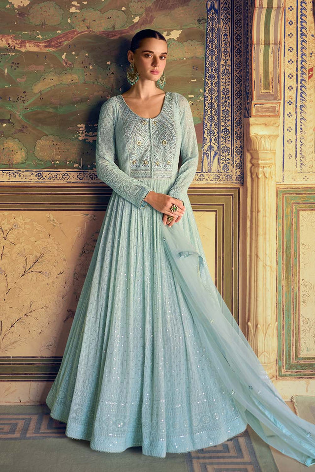 Blue Sequin with Embroidered Georgette Gown