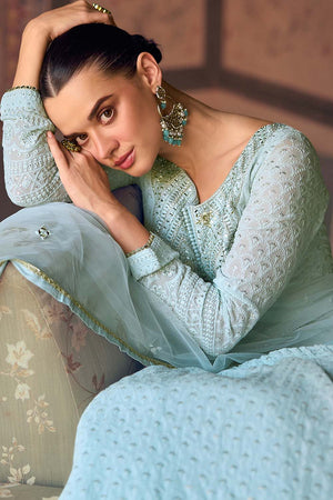 Blue Sequin with Embroidered Georgette Gown