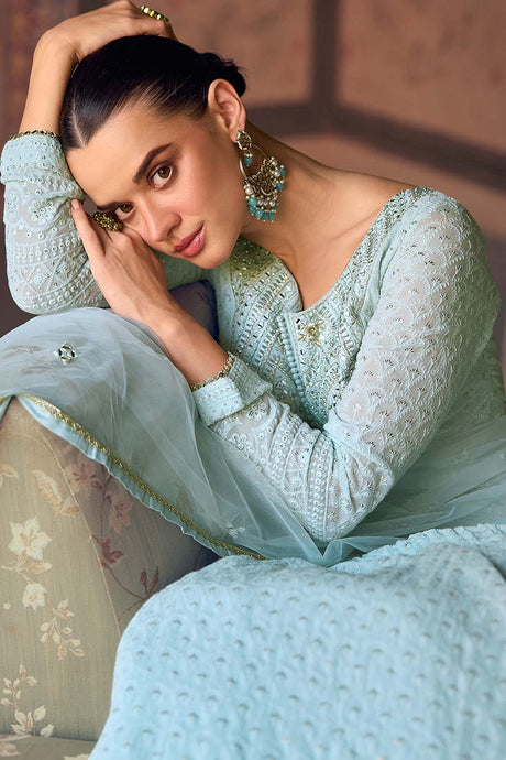 Blue Sequin with Embroidered Georgette Gown