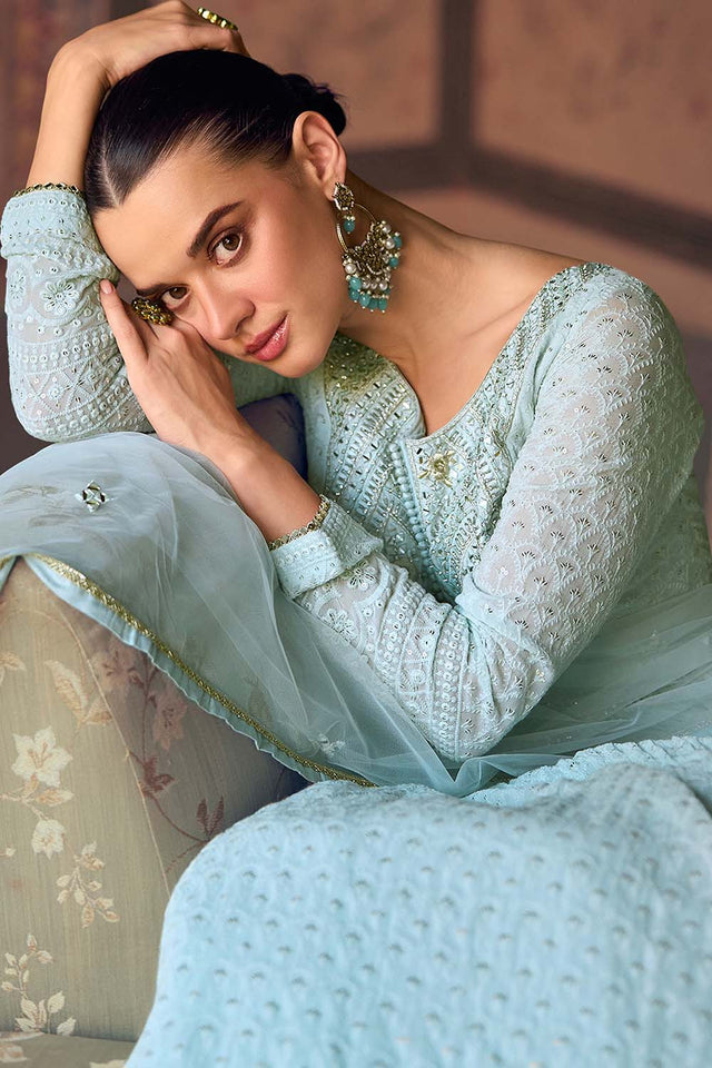 Blue Sequin with Embroidered Georgette Gown