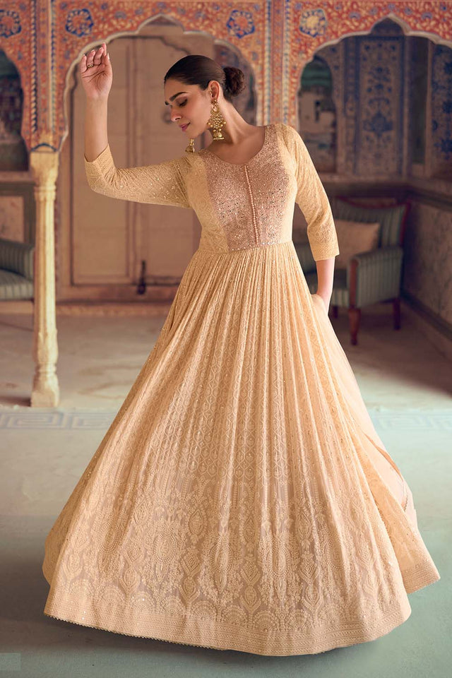 Peach Sequin with Embroidered Georgette Gown