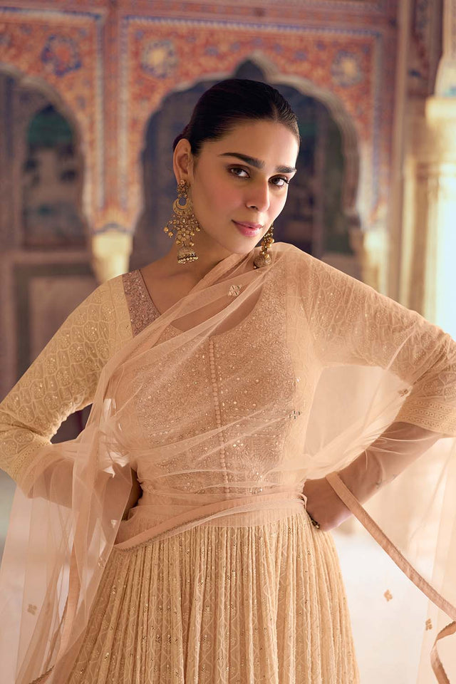 Peach Sequin with Embroidered Georgette Gown