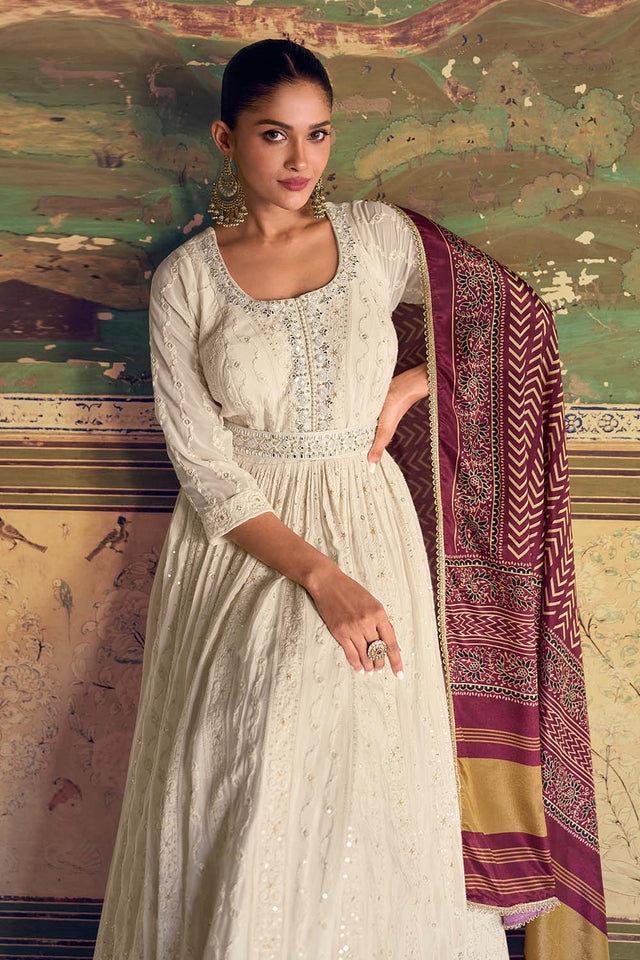 White Sequin with Embroidered Georgette Gown