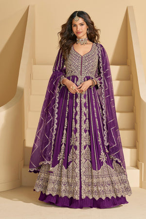 Violet Sequin with Embroidered Chinon Gown