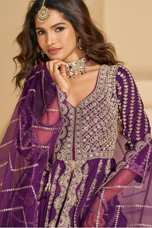 Violet Sequin with Embroidered Chinon Gown