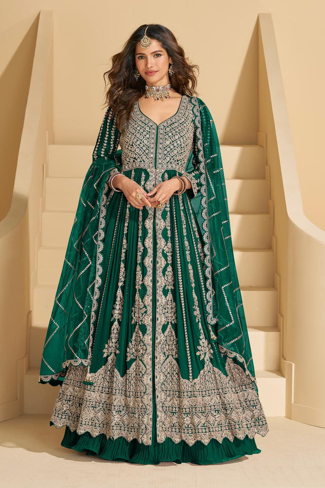 Green Sequin with Embroidered Chinon Gown