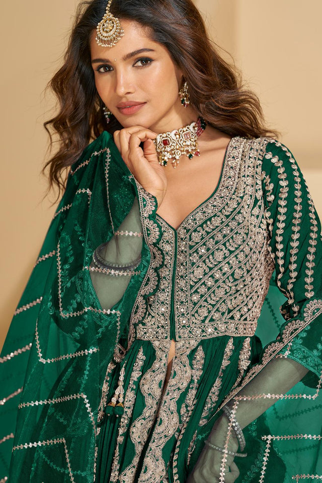 Green Sequin with Embroidered Chinon Gown