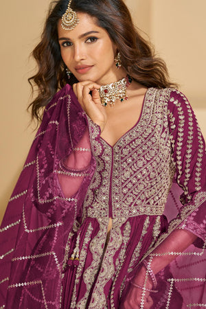 Magenta Sequin with Embroidered Chinon Gown