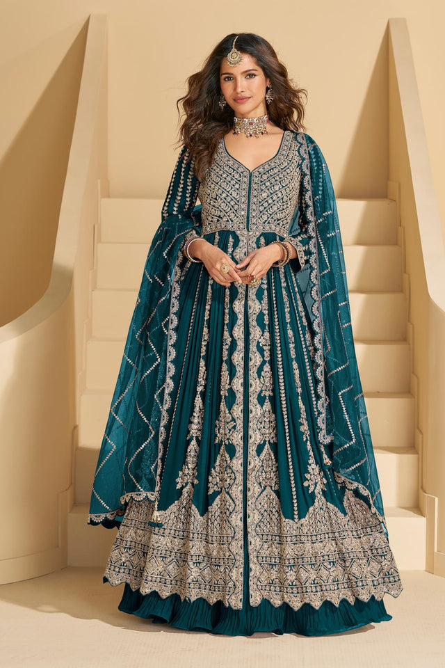 Turquoise Sequin with Embroidered Chinon Gown