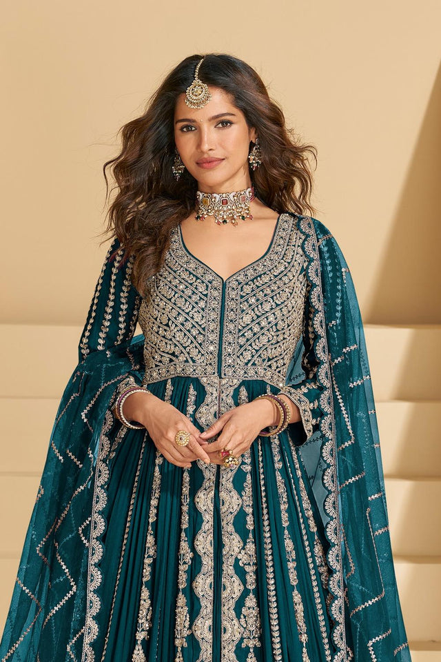 Turquoise Sequin with Embroidered Chinon Gown