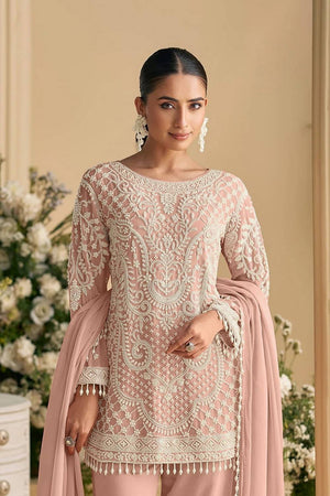 Pink Floral Embroidered Georgette Kurti Pant Set