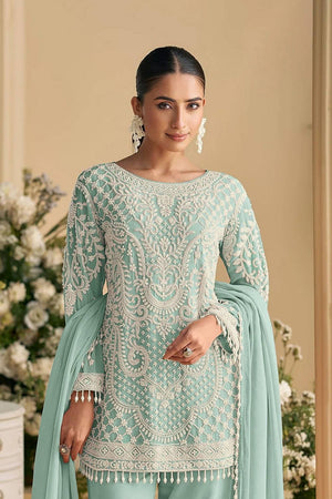 Green Floral Embroidered Georgette Kurti Pant Set