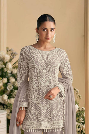 Grey Floral Embroidered Georgette Kurti Pant Set
