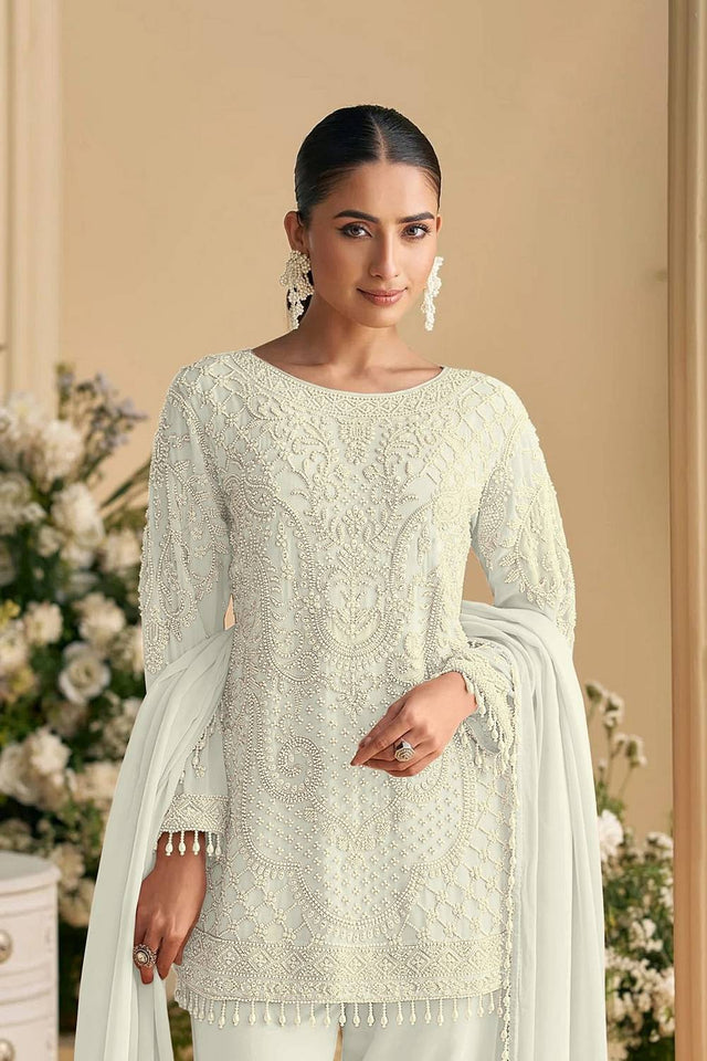 White Floral Embroidered Georgette Kurti Pant Set