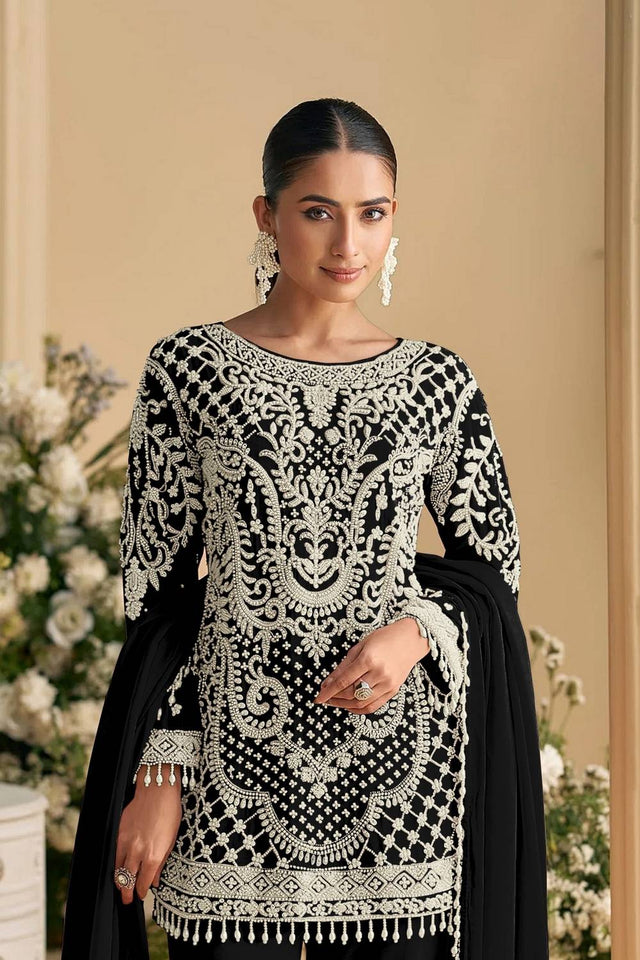 Black Floral Embroidered Georgette Kurti Pant Set