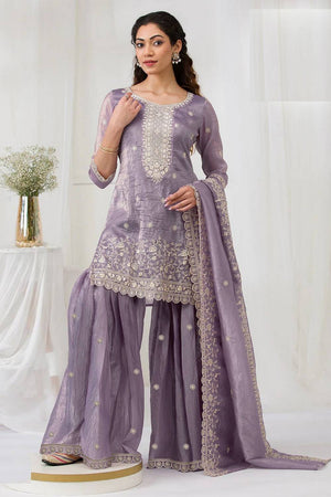 Violet Floral Embroidered Crepe Palazzo Suits