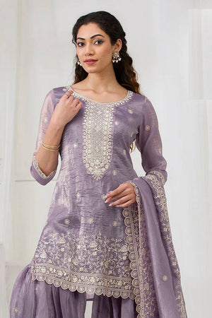 Violet Floral Embroidered Crepe Palazzo Suits