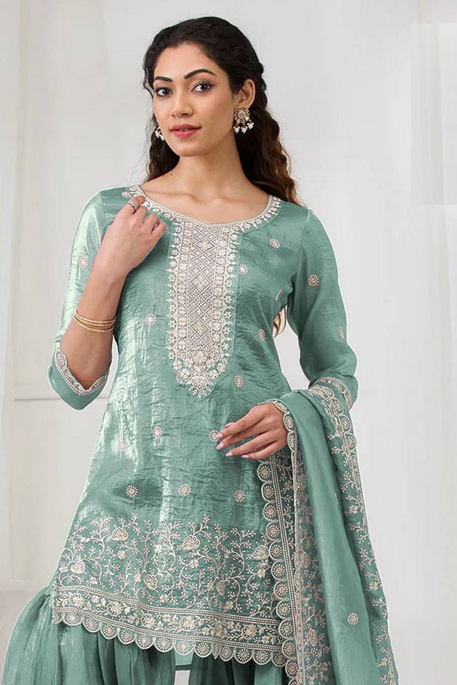 Blue Floral Embroidered Crepe Palazzo Suits