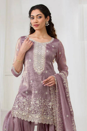 Lavender Floral Embroidered Crepe Palazzo Suits