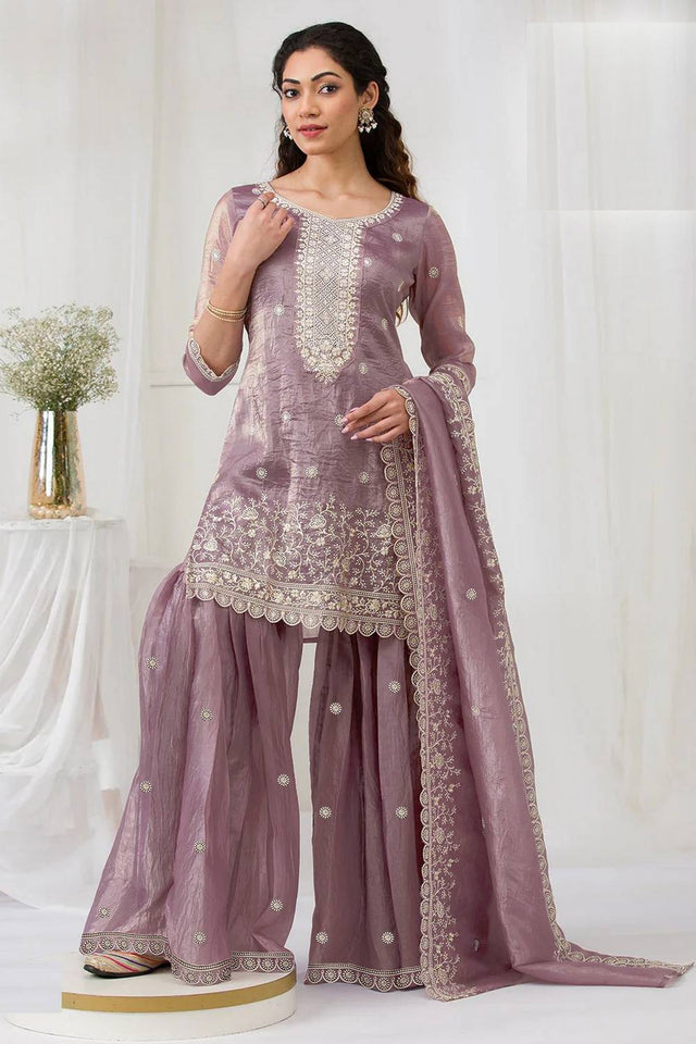Lavender Floral Embroidered Crepe Palazzo Suits