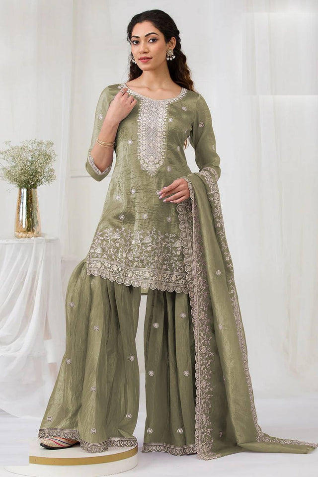 Green Floral Embroidered Crepe Palazzo Suits