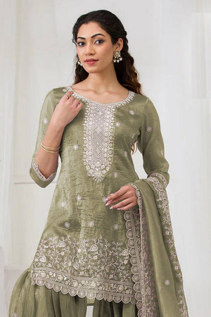 Green Floral Embroidered Crepe Palazzo Suits