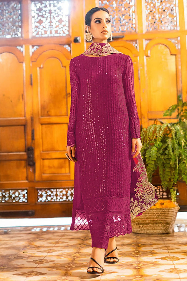 Dark Pink Sequin Georgette Straight Cut Suits