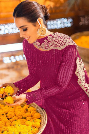 Dark Pink Sequin Georgette Straight Cut Suits