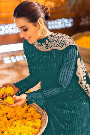 Turquoise Sequin Georgette Straight Cut Suits