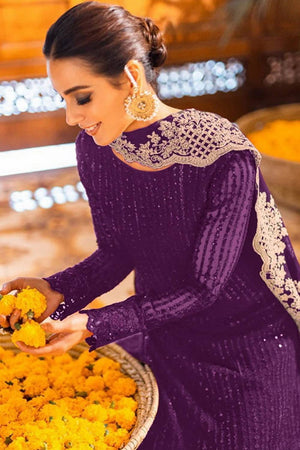 Violet Sequin Georgette Straight Cut Suits