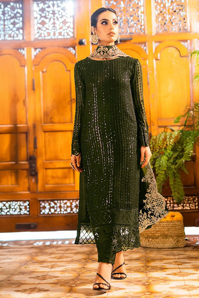 Dark Green Sequin Georgette Straight Cut Suits