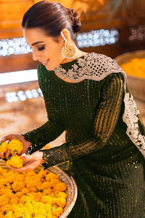 Dark Green Sequin Georgette Straight Cut Suits