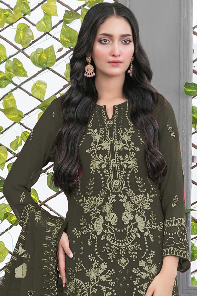 Green Floral Embroidered Georgette Straight Cut Suits