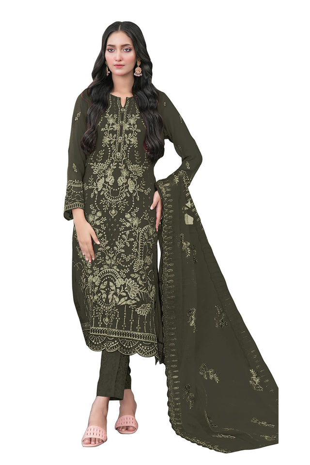 Green Floral Embroidered Georgette Straight Cut Suits