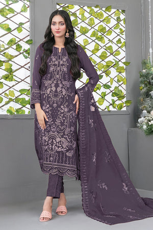 Violet Floral Embroidered Georgette Straight Cut Suits