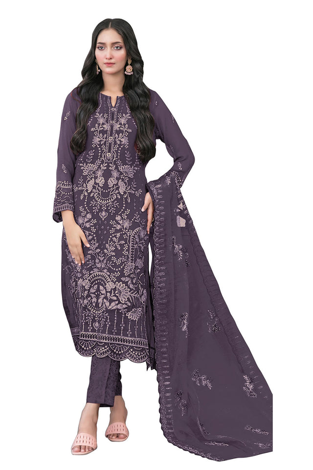 Violet Floral Embroidered Georgette Straight Cut Suits