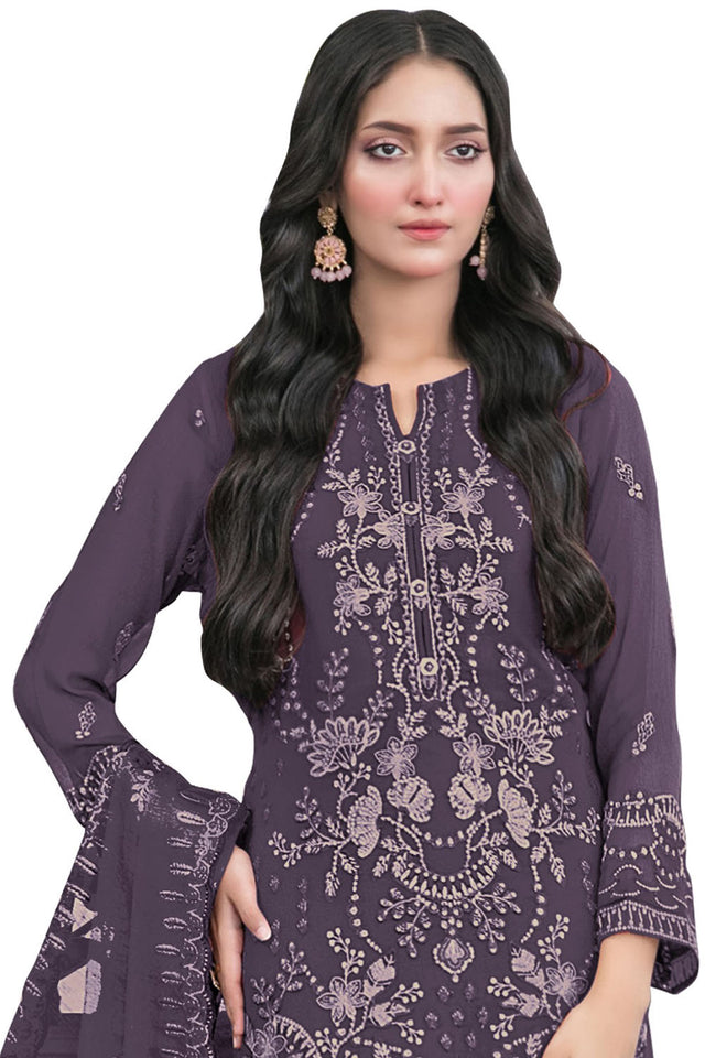 Violet Floral Embroidered Georgette Straight Cut Suits